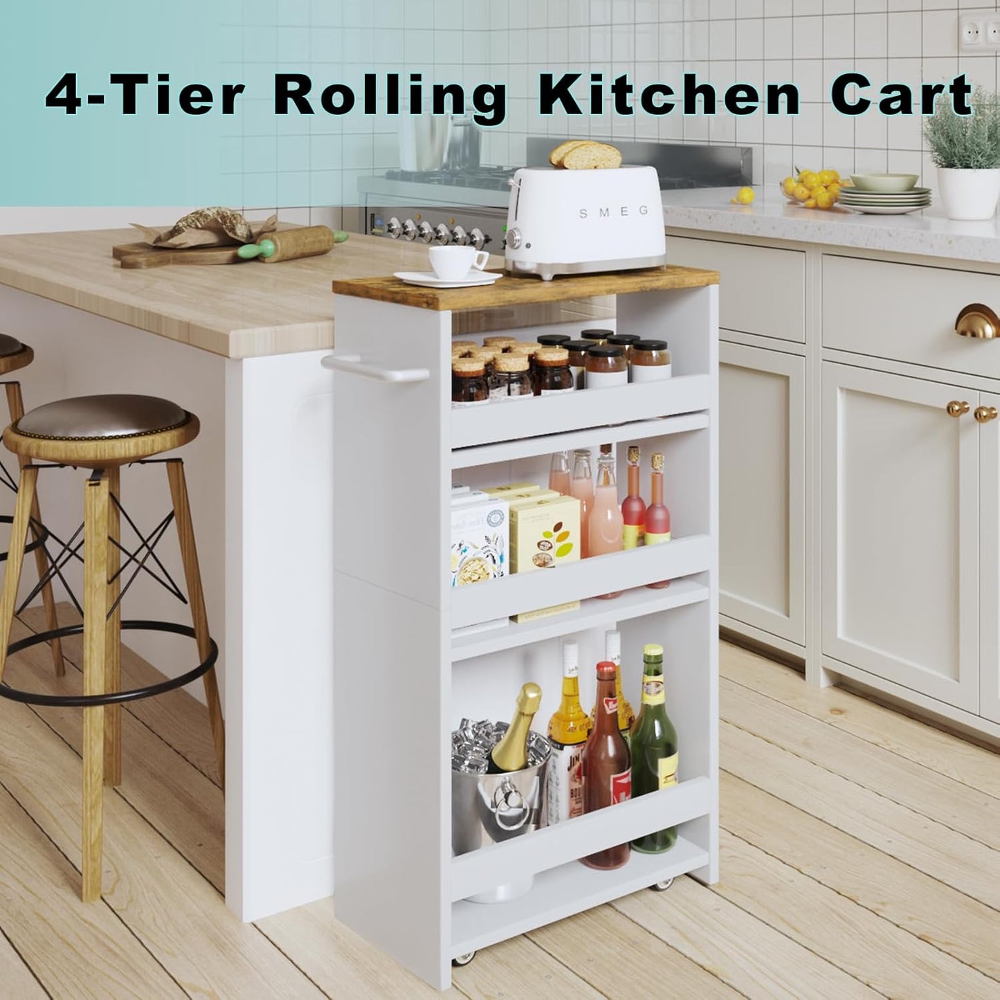 MARTY Rolling Storage Cart 7.9" W, 4-Tier Kitchen Cart with Wheels Handle, Slim Storage Cart Mobile Shelving Utility Carts for Bathroom Laundry Room Organization Narrow Places (White)