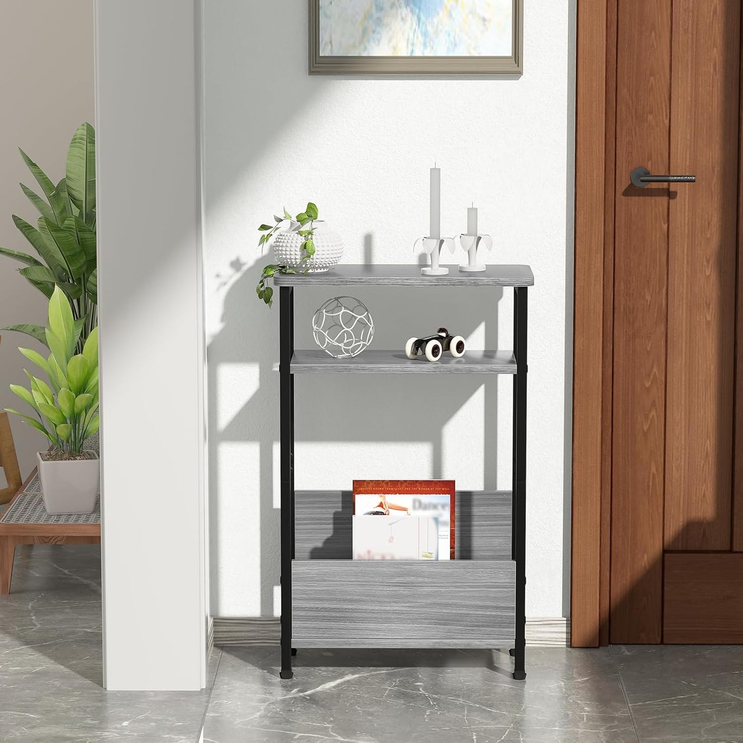 7.1" Narrow Side Table for Small Spaces, 3 Tier Small End Table with Magazine Holder, Slim/Skinny Nightstand/Bedside Table for Living Room, Bedroom, 15.4" L x 24.2" H, Gray