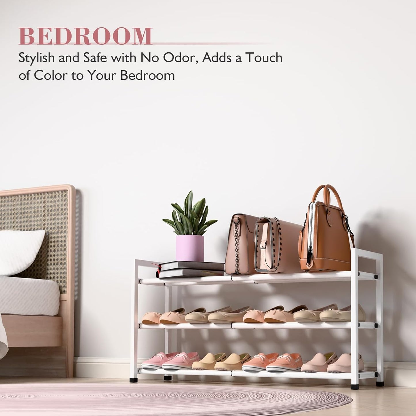 Bumusty 3-Tier Expandable Shoe Rack for Closet, 18“-33” Adjustable Shoe Rack for Small Space, Small Shoe Organizer for Front Door, Sturdy Metal, White