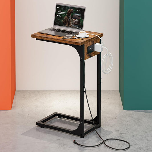 C-Shaped Side Table for Couch - Small Coffee Stand Sofa Tray Desk with Metal Frame Waterproof Scratch Resistant Wood Top and Built-in Charging Station, Rustic Brown