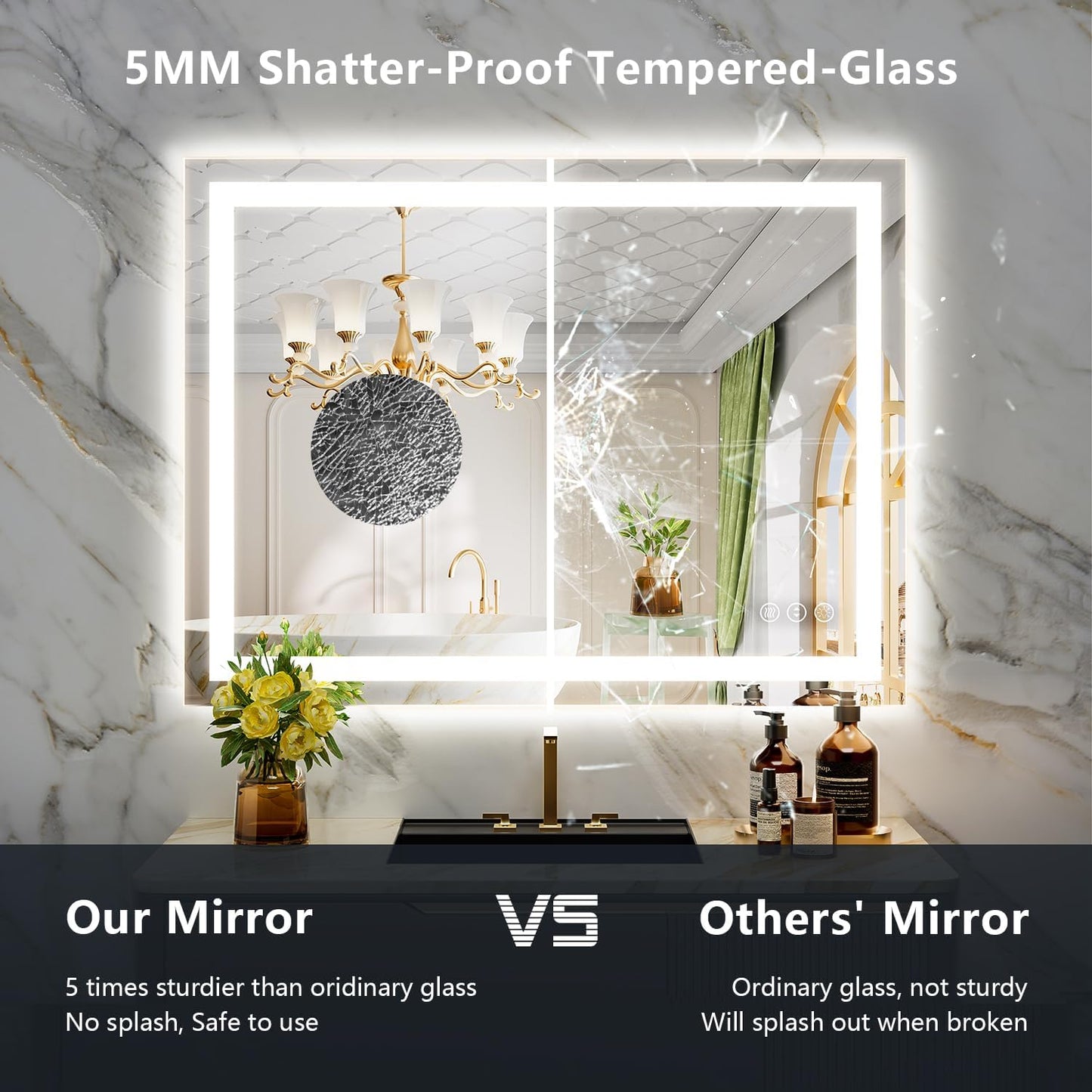 40x30 Inch LED Bathroom Mirror with Lights Front and Backlit Lighted Vanity Mirror for Bathroom Wall with 3 Colors Dimmable Anti-Fog Memory Shatter-Proof IP54 Waterproof Horizontal/Vertical