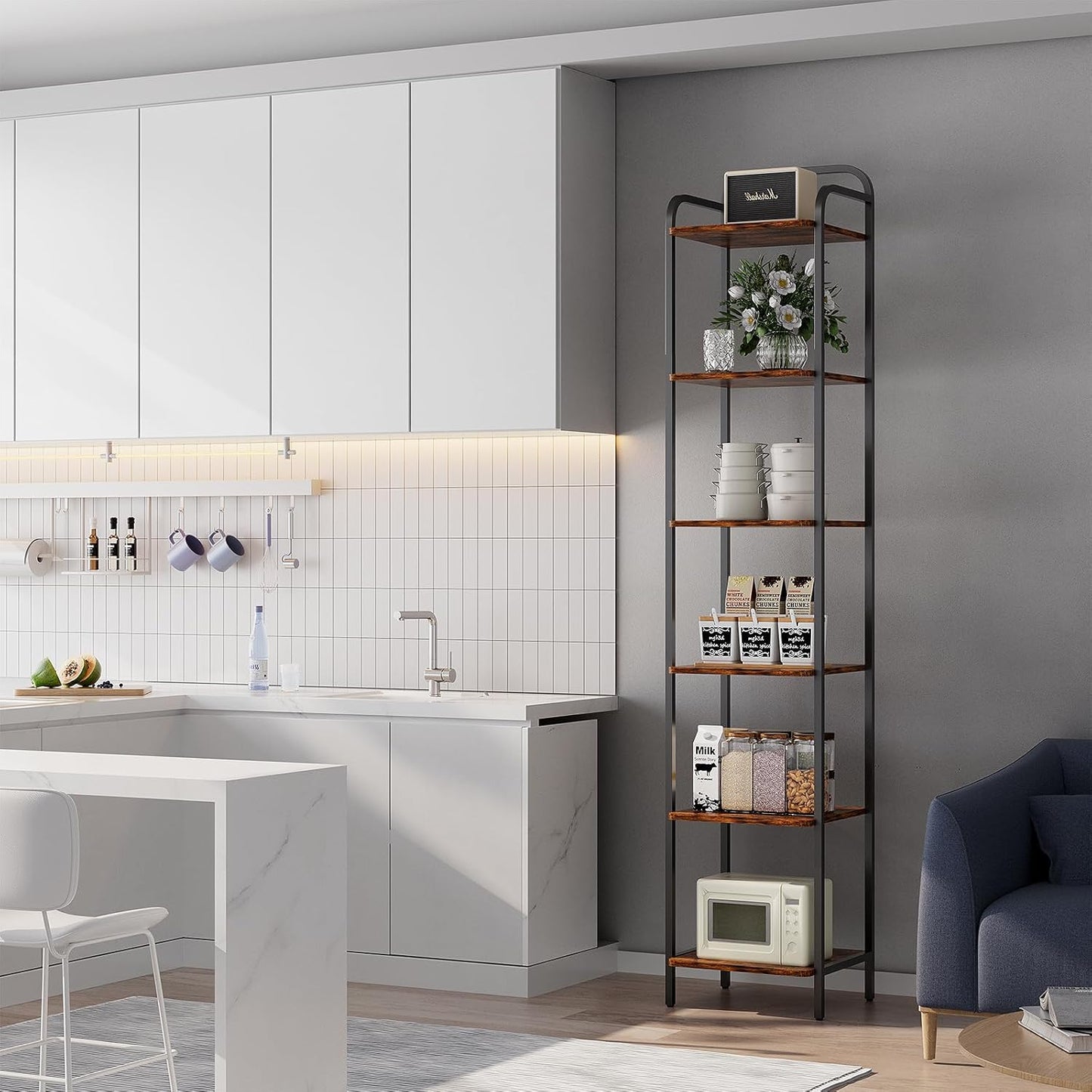 5 Tier Bookshelf, Bookcase with 5 Shelves, Storage Rack Organizer, Corner Wood Storage Shelf with Metal Frame for Bedroom, Living Room (Rustic Brown, 6 Tier)