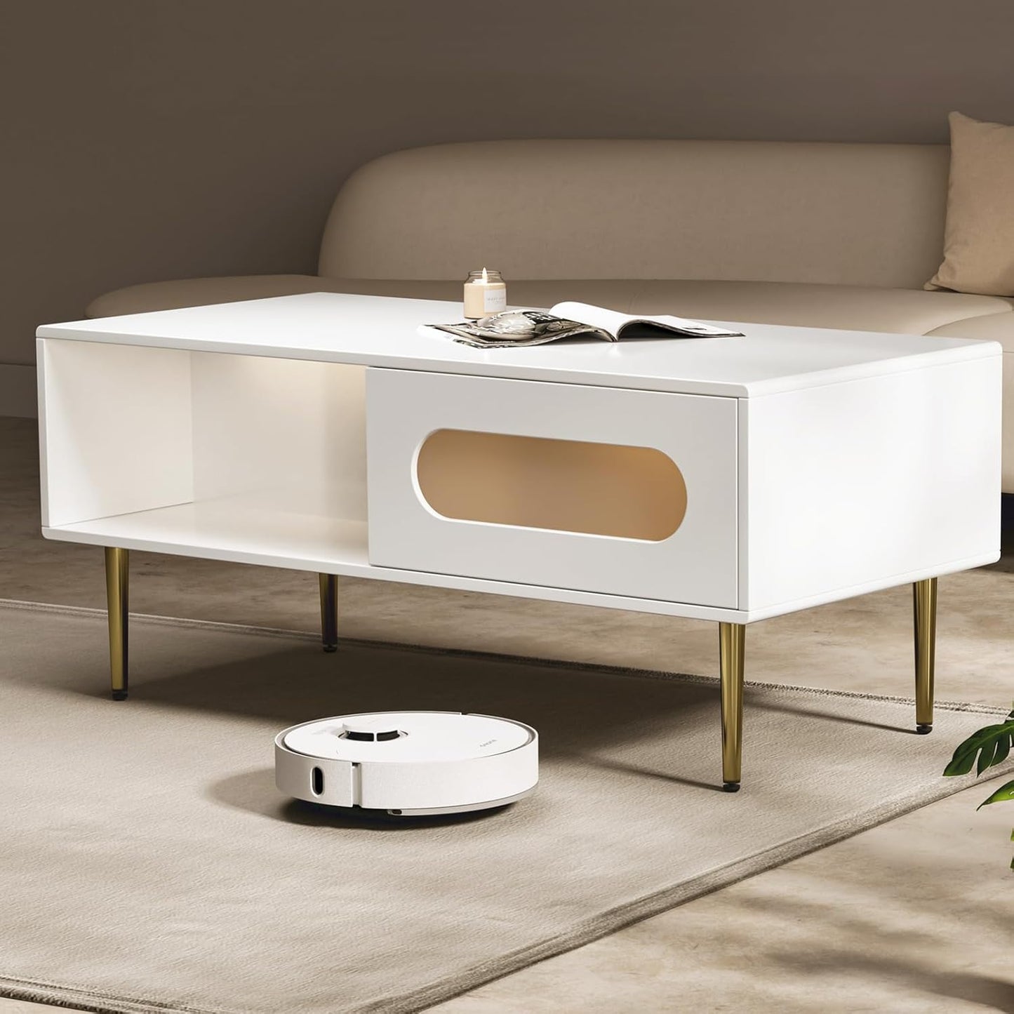 Modern Coffee Table for Living Room - LED Living Room Table with 4 Storage Compartments, Semi See-Through Sliding Doors - Glossy Finish, Metal Legs, Rounded Edges - Contemporary Home Furniture