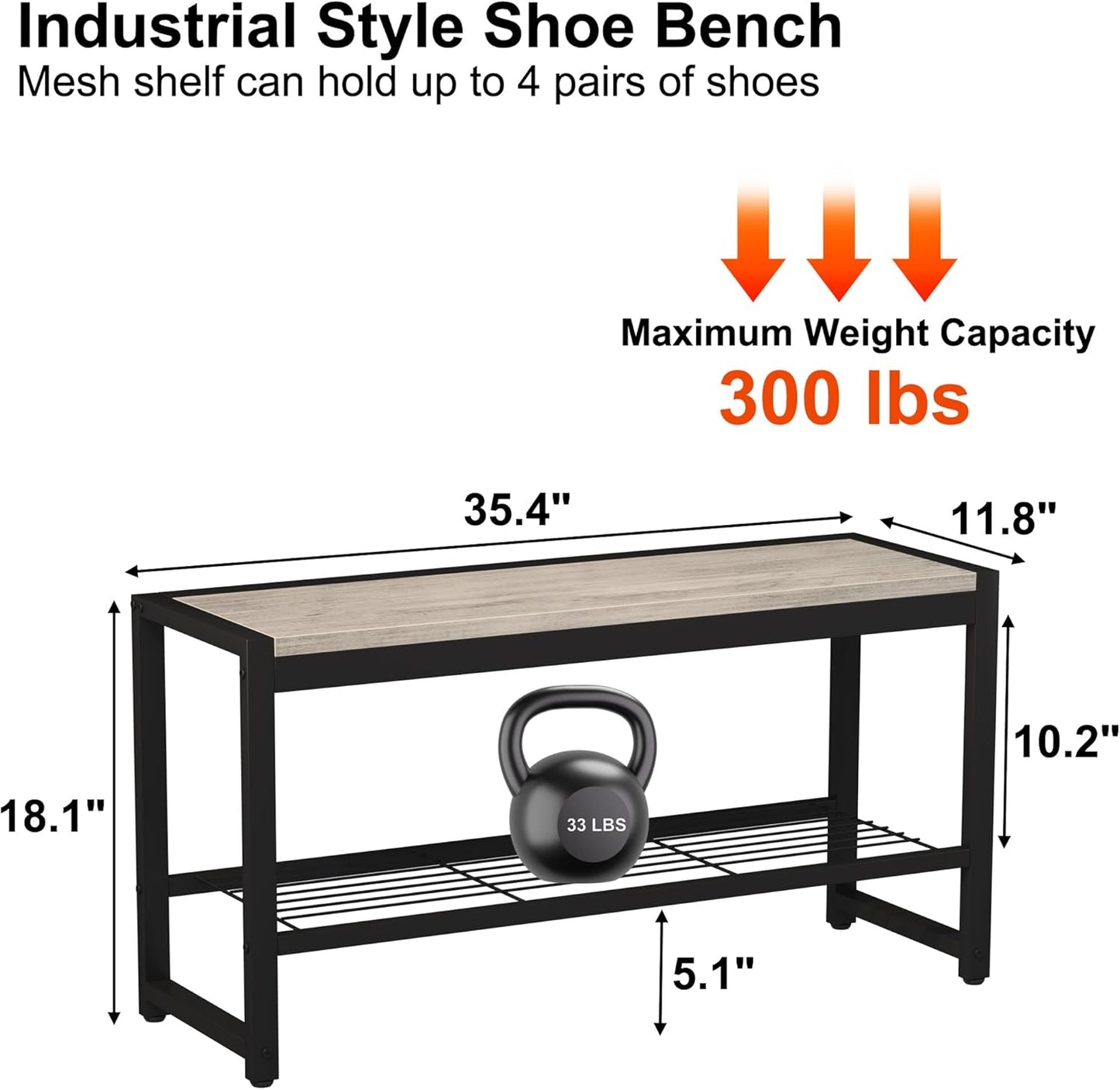 HOMEFORT 2 Tiers Shoe Bench, Retro Industrial Shoe Storage Bench with Mesh Shelf and Sturdy Metal Frame, Metal Shoe Rack Bench for Hallway, Mudroom, Living Room, Washed Gray
