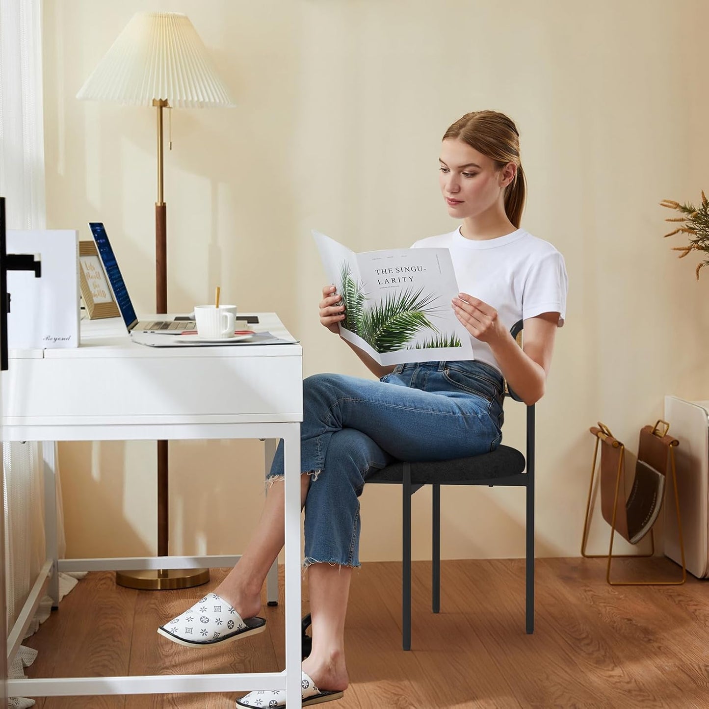 Mid Century Modern Dining Chairs Set of 4 with Rattan Backrest,Velvet Upholstered Accent Kitchen & Dining Room Chairs with Sturdy Metal Frame,Black