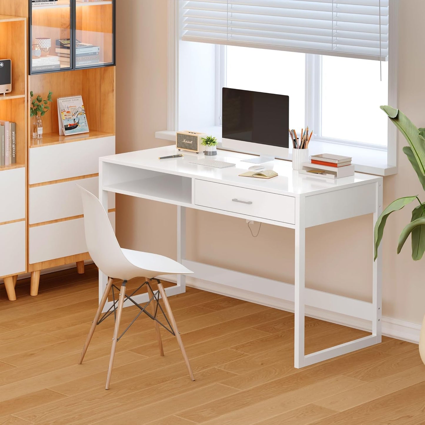 4NM 43.3" Computer Desk with Drawer, Morden White Home Office Desk, Study Writing Table with Storage for Small Spaces,Vanity Desk Makeup Table for Bedroom- White