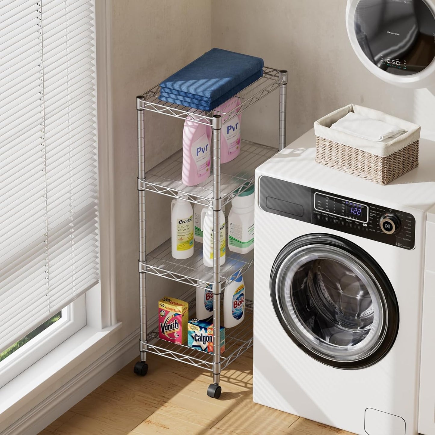 SINGAYE 4 Small Shelves Storage Shelf Wire Shelving Unit Metal Shelf Adjustable Organizers Storage Shelving with Wheels for Bathroom Laundry Room Kitchen Pantry