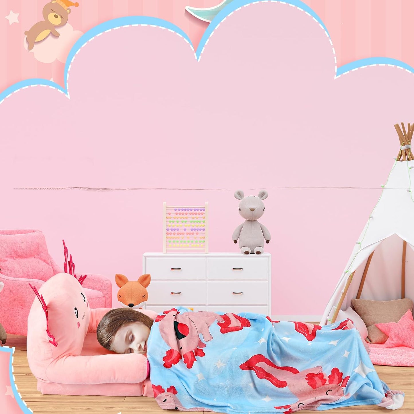 Axolotl Kids Couch Fold out 2-in-1 Toddler Sofa Fold out with Blanket, Soft Toddler Chair Comfy for Boy Girl Baby, Convertible Sofa to Lounger for Napping Reading Playing Christmas, Light Pink