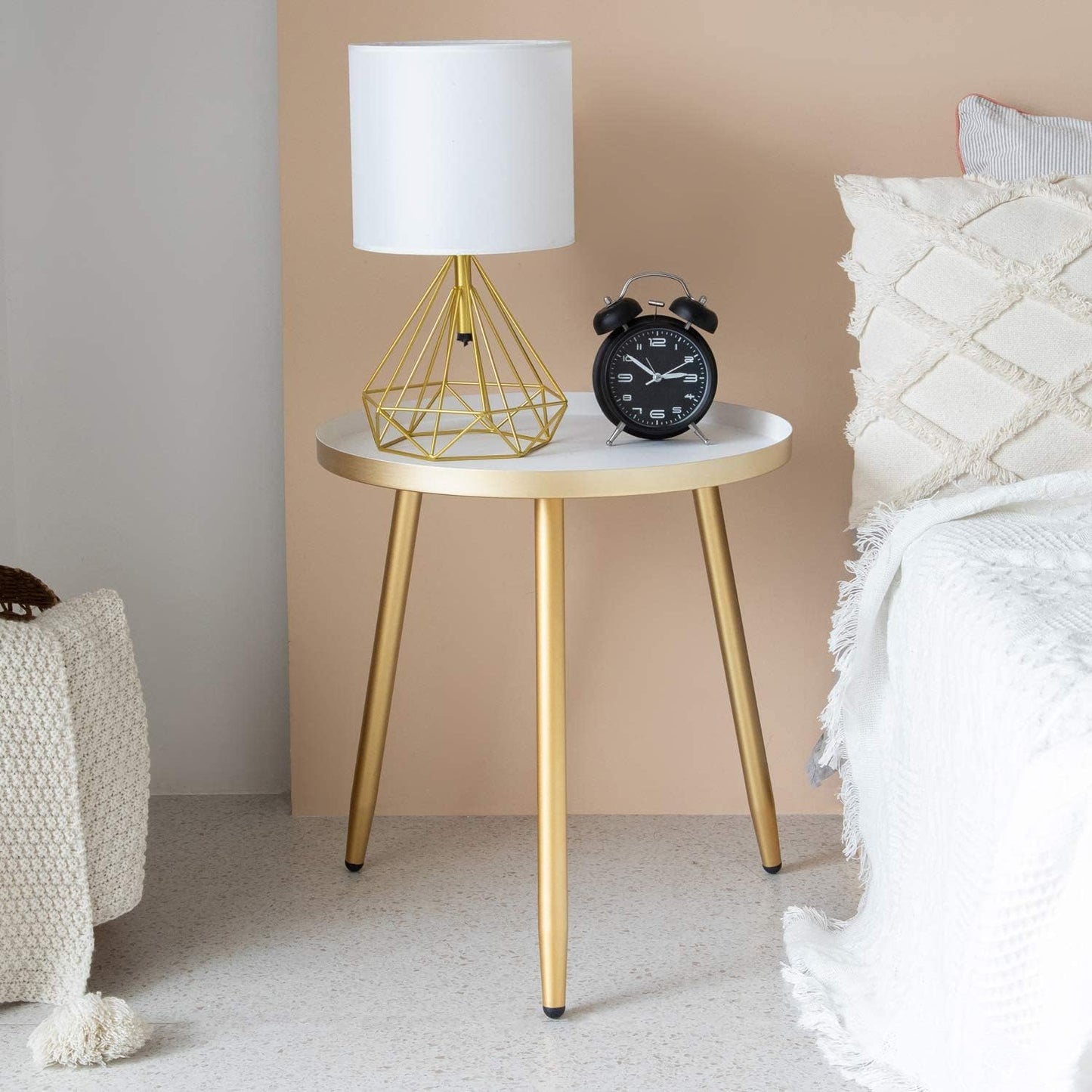 AOJEZOR Side Table: End Table for Any Room - Round Side Tables for Small Spaces - White Top with 3 Gold Legged