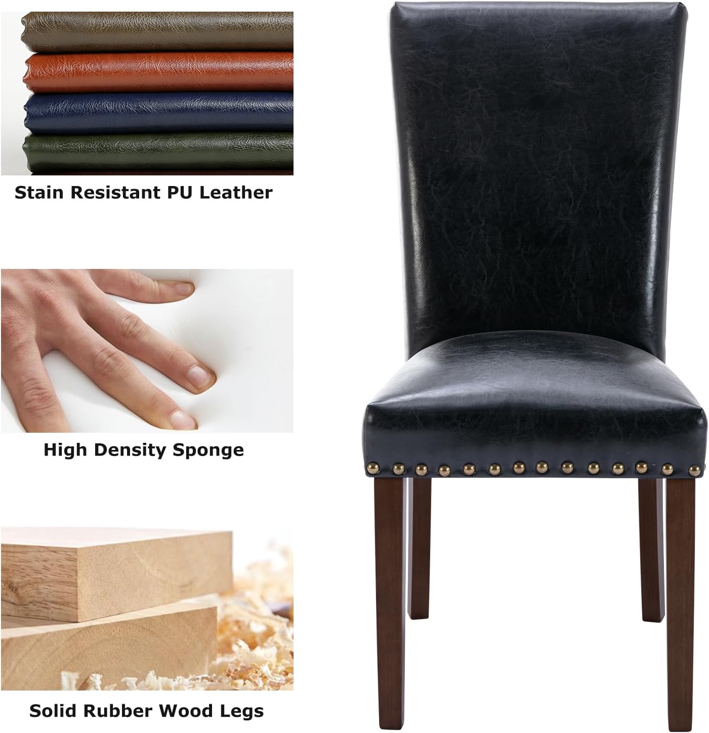 COLAMY Upholstered Parsons Dining Chairs Set of 4, PU Leather Dining Room Kitchen Side Chair with Nailhead Trim and Wood Legs - Black