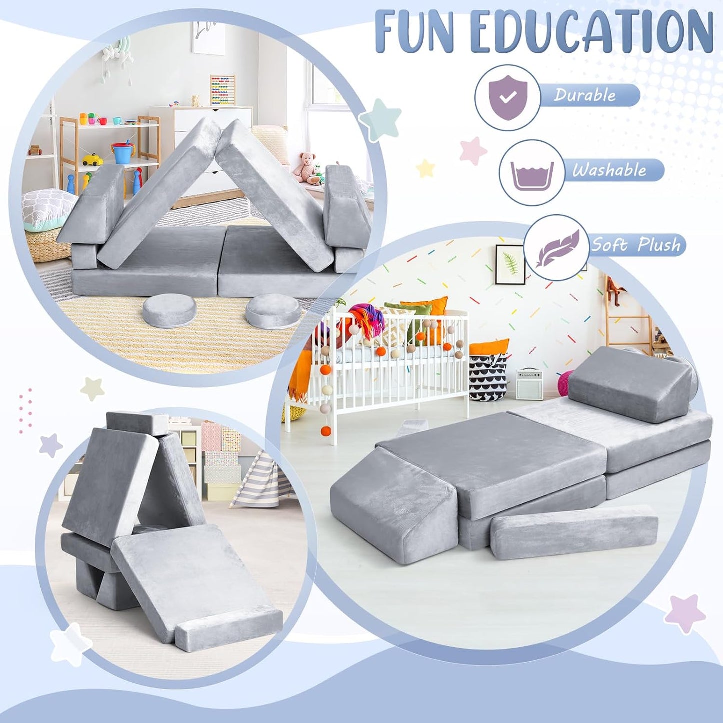 10Pcs Kids Play Couch,Toddler Sofa,Modular Kids Couch for Playing, Creativing, Sleeping (Grey)