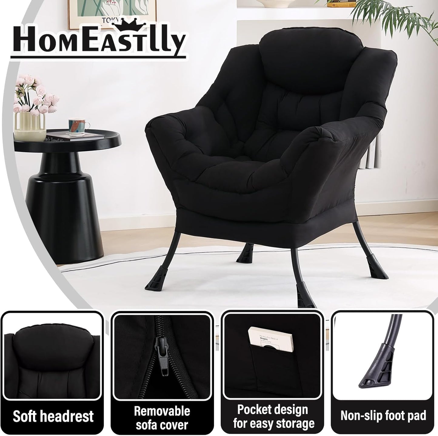 Lazy Chair, Reading Armchair, Large Modern Lounge Accent Chair, Leisure Sofa Chair for Living Room, Bedroom, Dorm Room (Black)