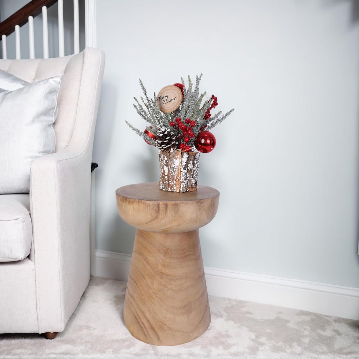 Athaliah Small Rustic Tree Stump Wood Side Table/Stool – 17.75″H Compact Hand-Carved Paulownia Accent Table, Versatile Nightstand & Plant Stand, Farmhouse Style