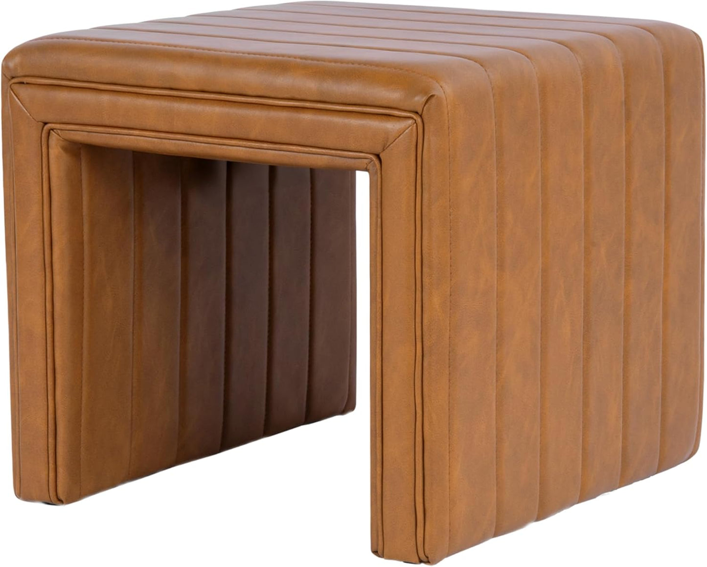 HomePop Modern Channel Tufted Faux Leather Ottoman Home Décor|Ottoman for Living Room & Bedroom - Carmel Brown