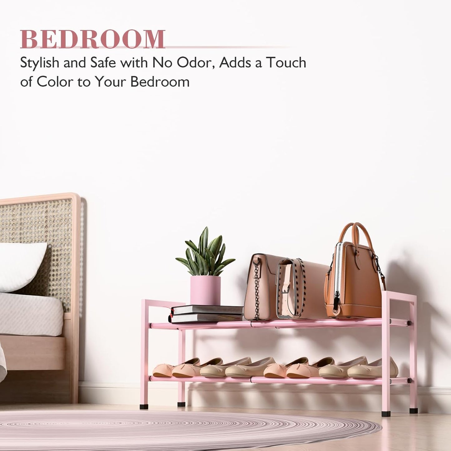 Bumusty 2-Tier Expandable Shoe Rack for Closet, 18“-33” Adjustable Shoe Rack for Small Space, Small Shoe Organizer for Front Door, Sturdy Metal, Pink