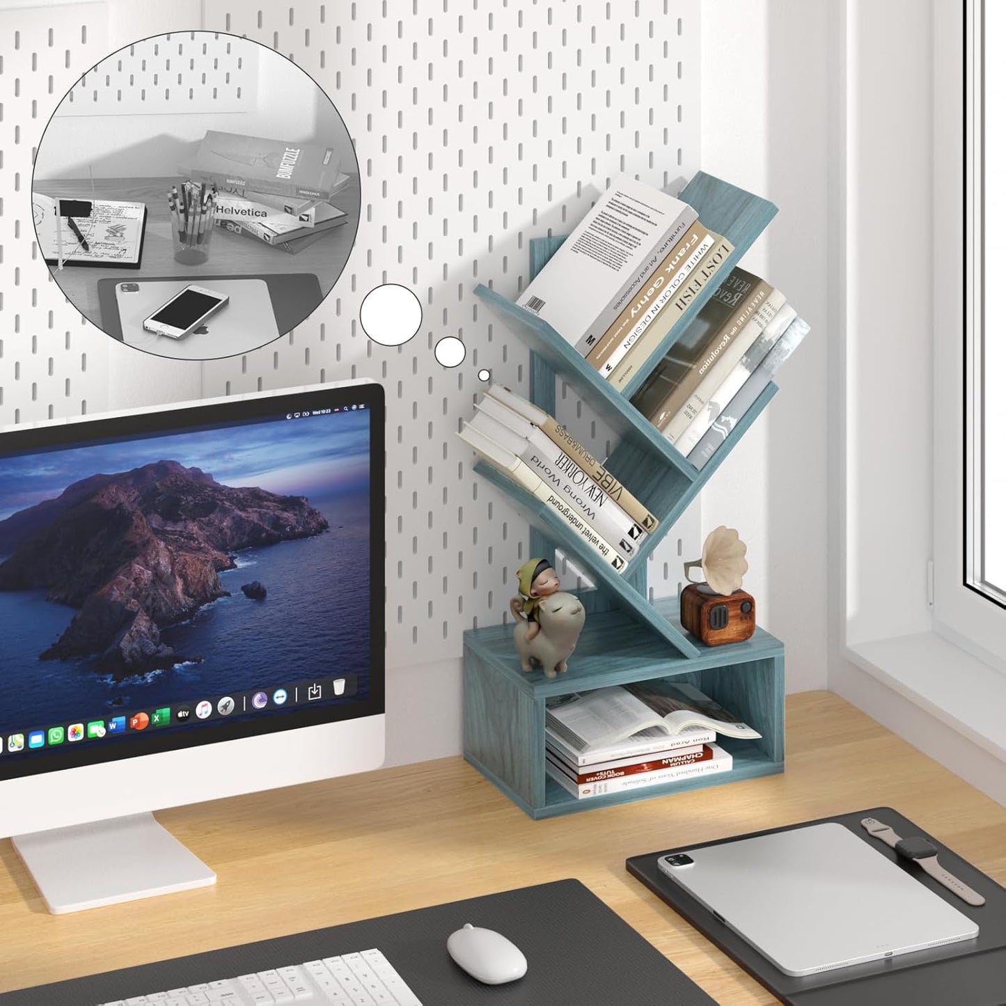 Small Tree Book Shelf,5 Tier Black Tree Bookshelf,Blue Desktop Bookcase,Modern Desk Display Storage Bookshelves,Floor Standing Organizer Bookcases for Living Room,Bedroom,Office-Blue