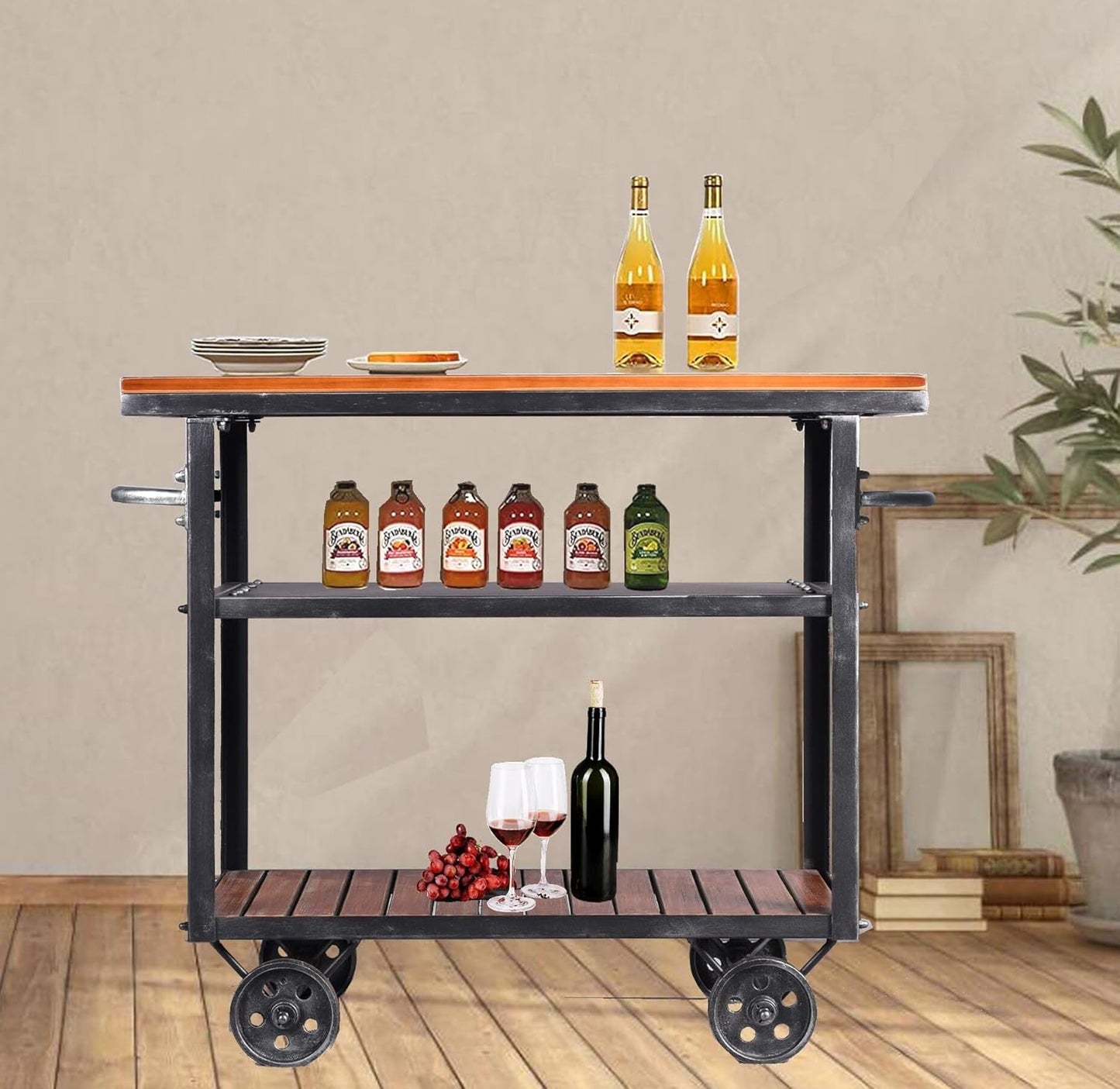 Vintage Rolling Bar Cart on Wheels Industrial Mobile Serving Cart Metal and Wood Design for Kitchen Bar Office Coffee House 36.2" Lx15.75 Wx30.5 H 3 Tier with 2 Side Handle