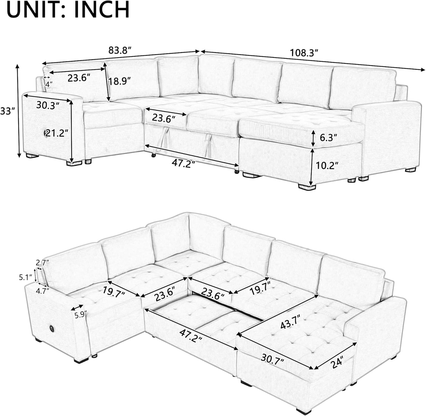 108.3 Inch Modular Sectional Sleeper Sofa with Pull-Out Bed and Lounge Chair, U-Shaped Combination Corner Couch w/USB & Type-C Interfaces, for Living Room Bedroom Office, Beige