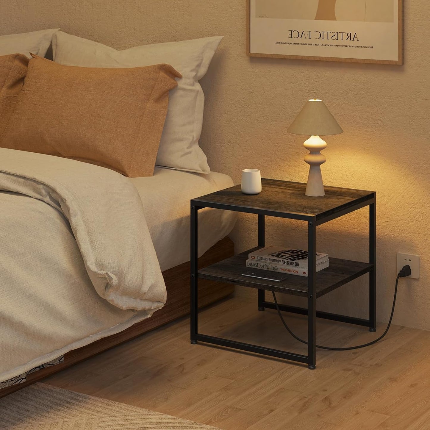 Tatub 20" End Table with Charging Station, Industrial Square Side Table with USB Ports & Outlets, Versatile 2-Tier Small Nightstand for Bedroom Living Room, Grey