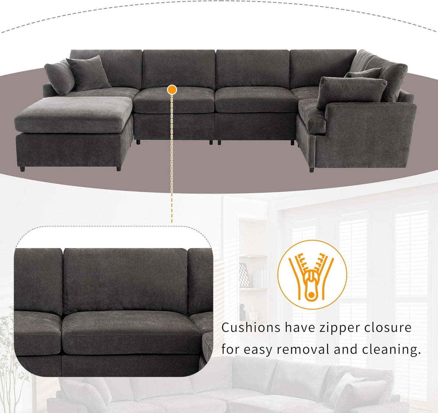 100 Inch U-Shaped Modular Convertible Sectional Sofa with Removable Ottoman and Pillows, Oversized 6 Seater Upholstered Corner Couch for Living Room, Office, Spacious Space, Gray
