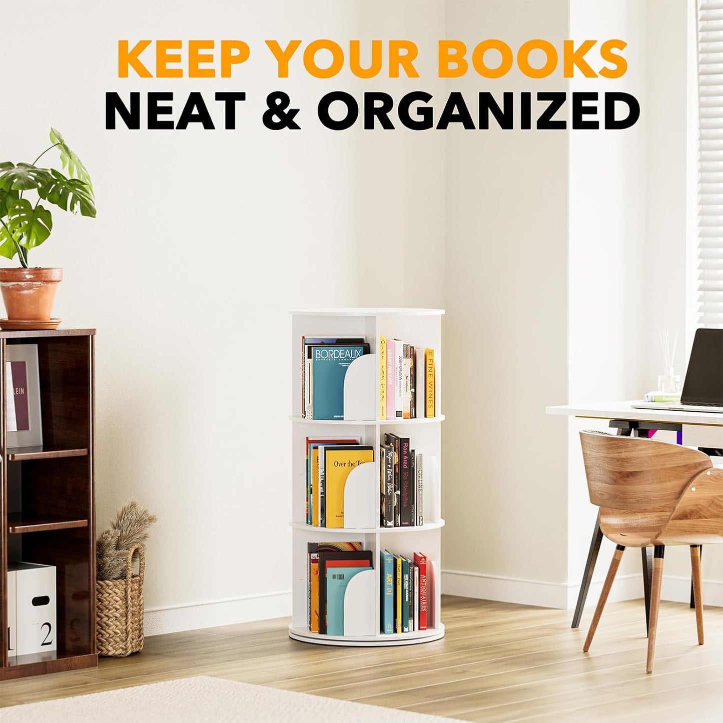 SpaceAid 3 Tier Rotating Bookshelf Tower, Spinning Bookcase Lazy Susan, Revolving 360 Book Shelf Storage Round Carousel, Vertical Rotate Turning Spiral Corner Organizer, White
