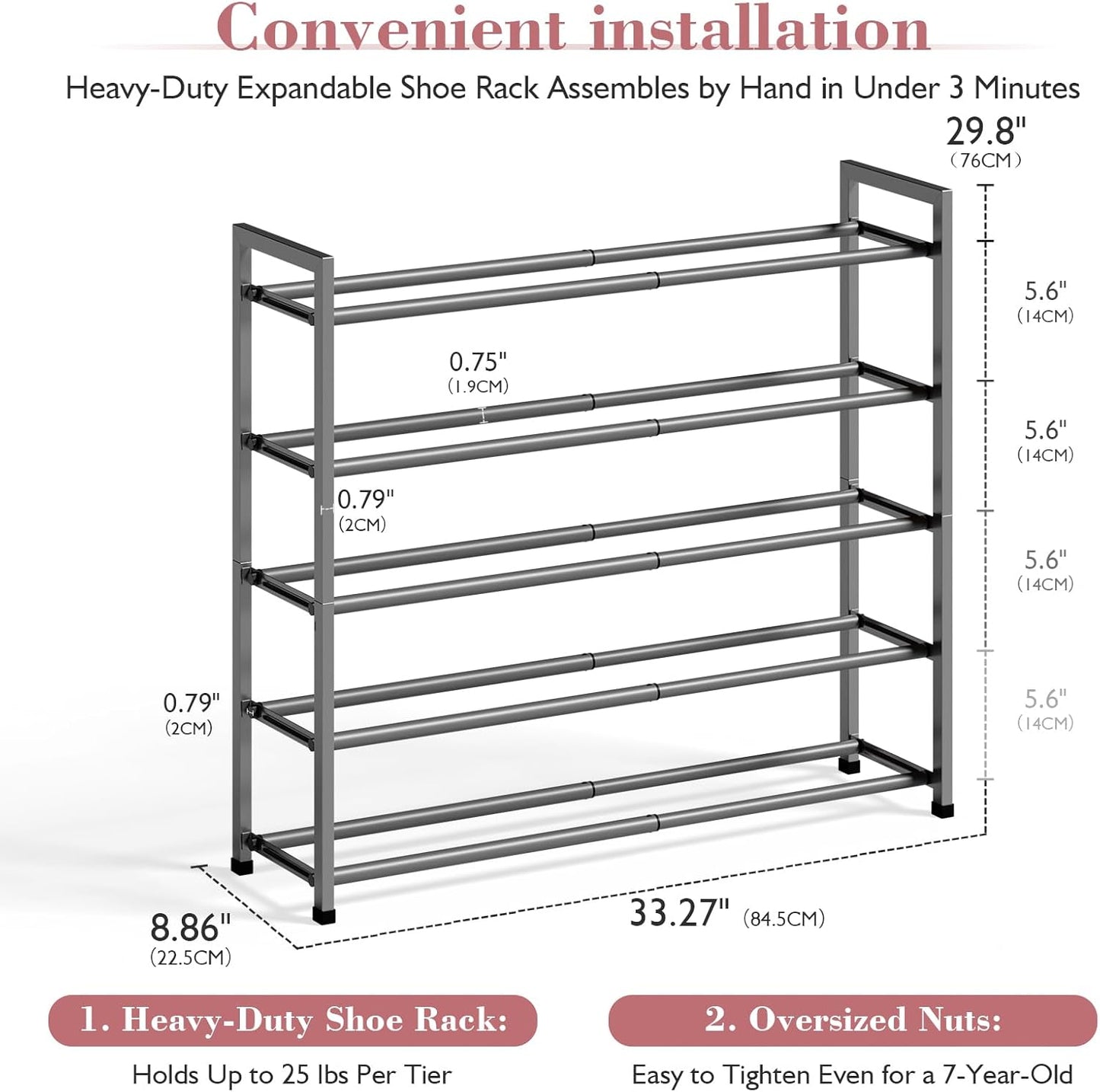 Bumusty 5-Tier Expandable Shoe Rack for Closet, 18“-33” Adjustable Shoe Rack for Small Space, Small Shoe Organizer for Front Door, Sturdy Metal (Grey)
