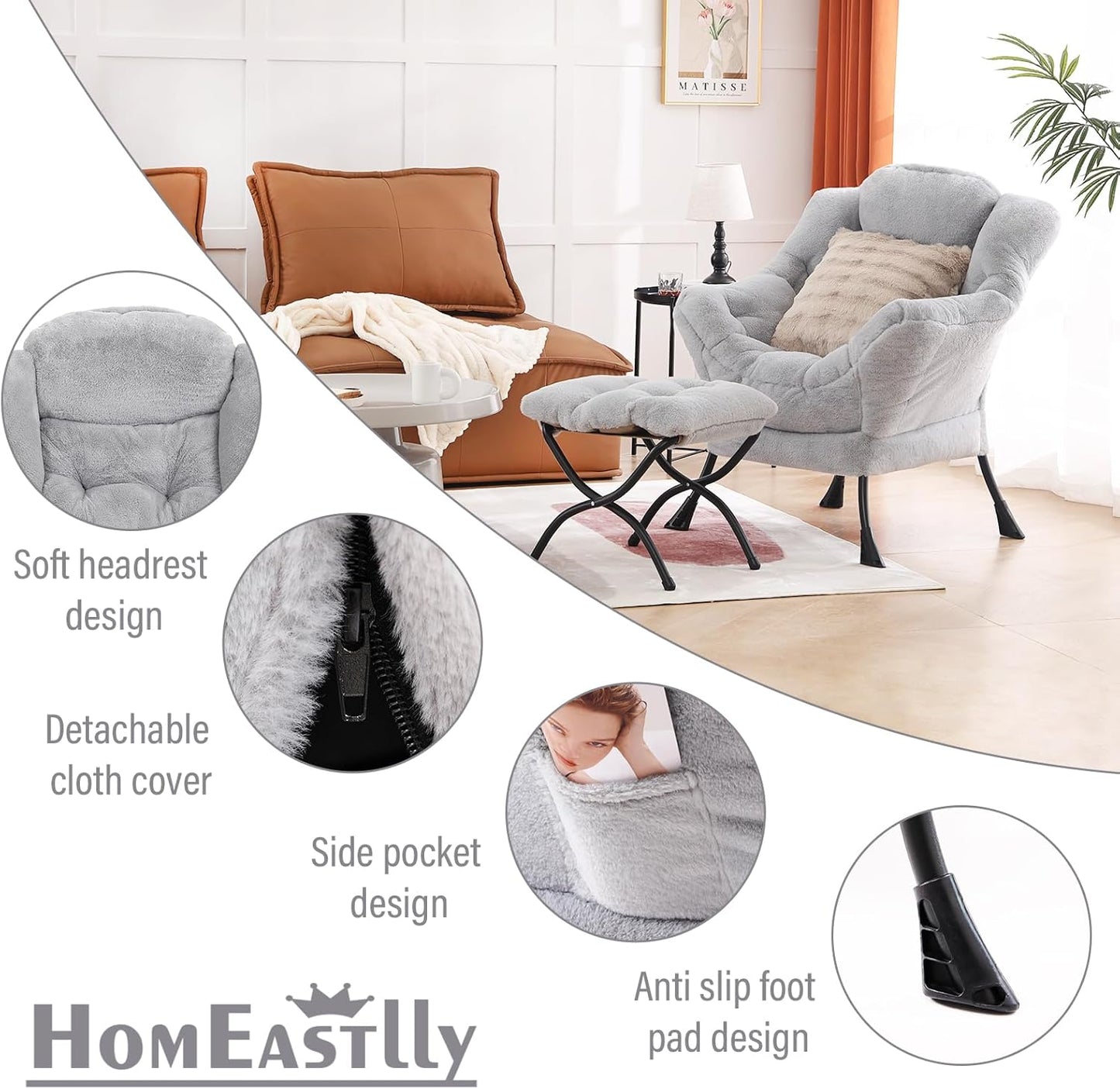 Lazy Chair with Ottoman, Modern Large Accent Lounge Chair with a Pillow, Leisure Sofa Armchair, Reading Chair with Footrest for Bedroom, Living Room,Plush Light Grey