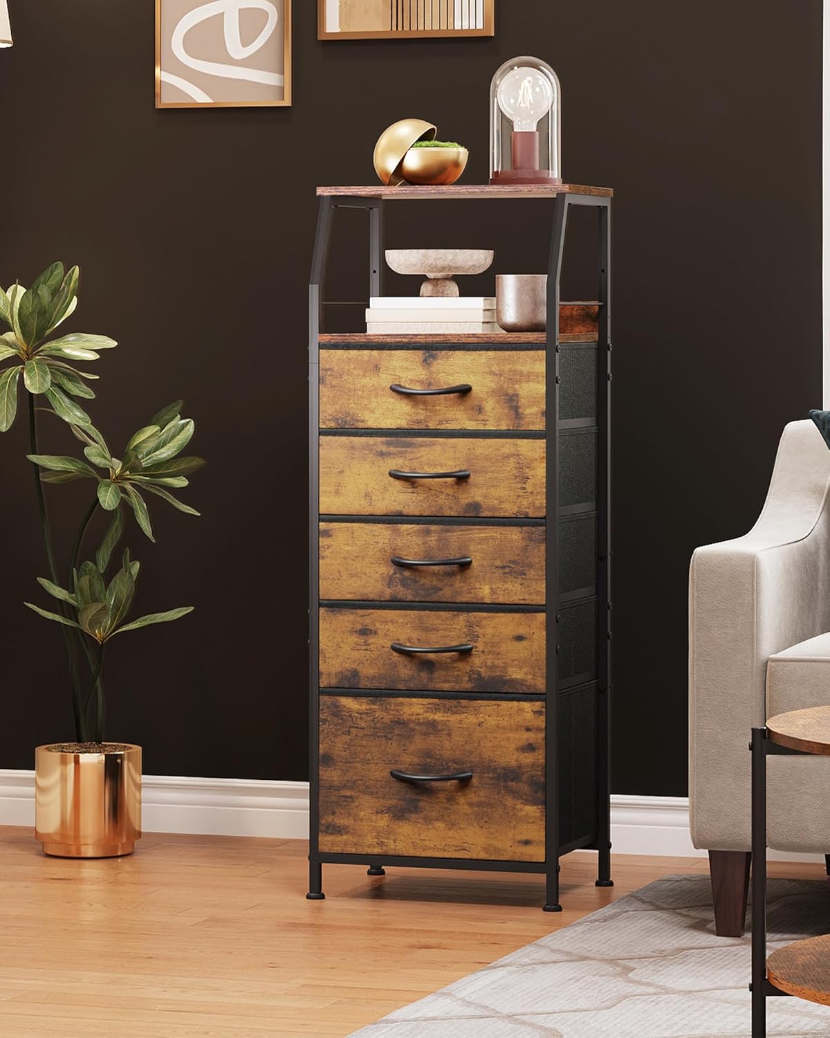 WLIVE Tall Night Stand with 5 Fabric Drawers, Bedroom Nightstand with 5 Drawers & 2 Open Shelves, Fabric Dresser Organizer, Sturdy Steel Frame Bedside Table, Rustic Brown Wood Grain Print