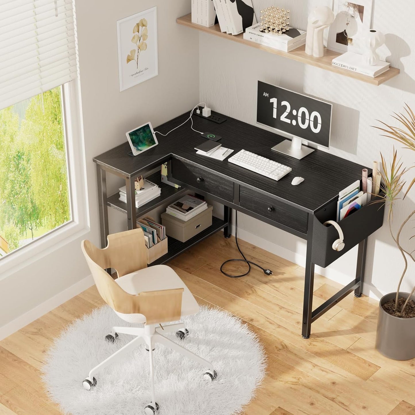 DLisiting Black Corner Desk for Small Space with Drawers, Reversible Gaming L Shaped Computer Desk with Storage Shelves for Kids Boys, Corner Work Study PC Desks for Bedroom