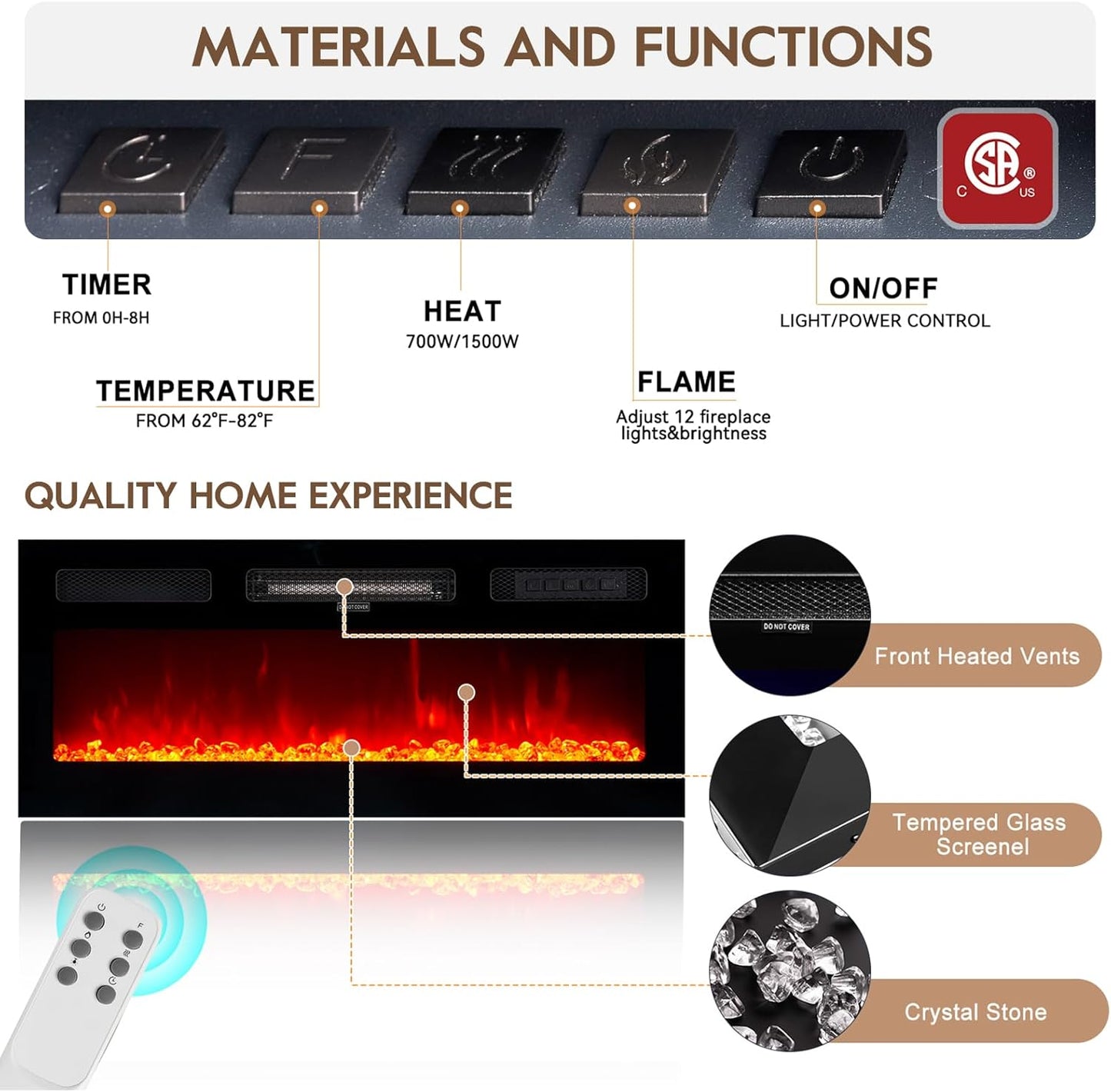70" TV Stand for Living Room, Modern Entertainment Center & Media Console, Fits TVs up to 80", Storage Cabinet with Shelves, 36" Electric Fireplace with LED Flame (All Black)