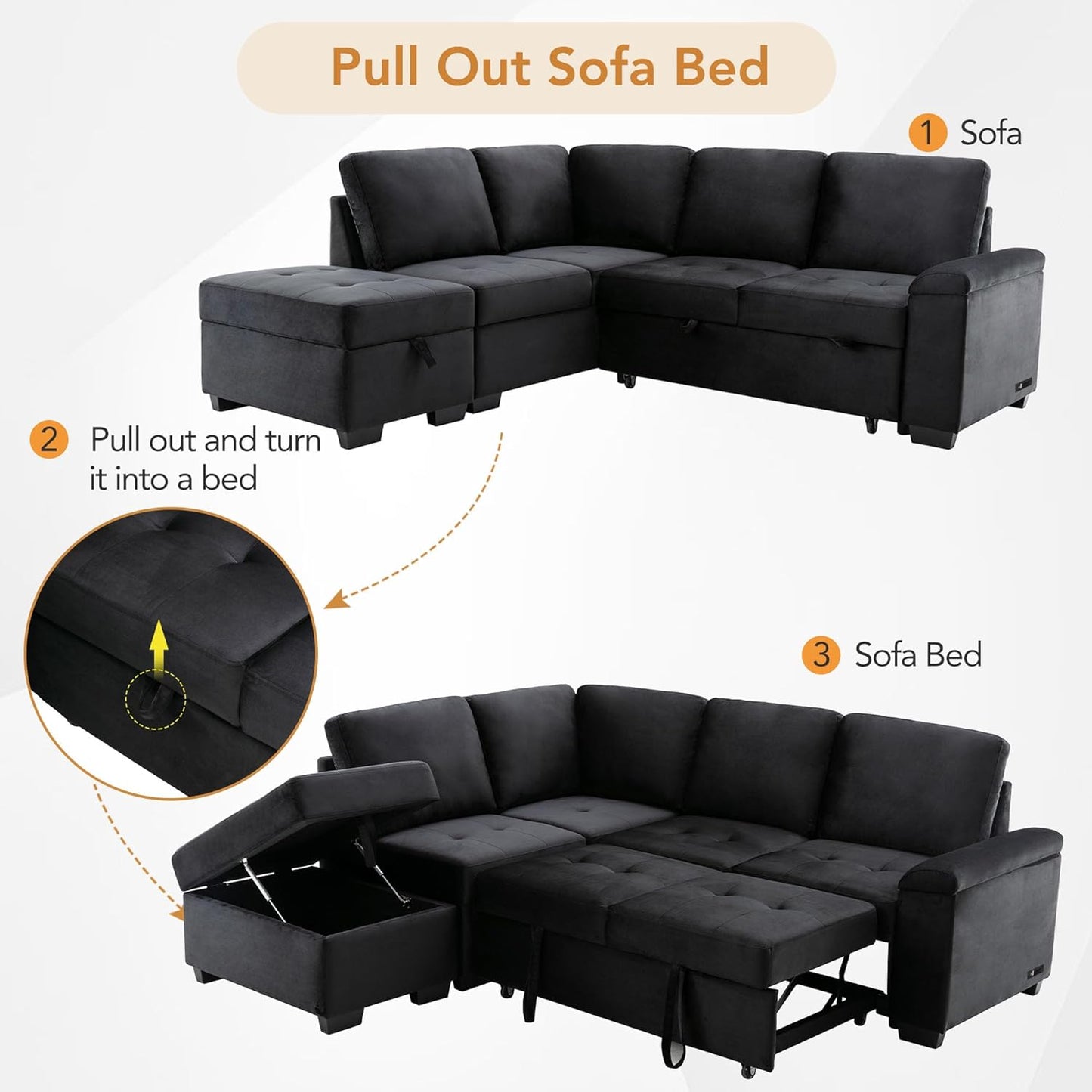 Ball & Cast Sleeper Sofa Bed L Shaped Couch with Storage Otooman and Cup Holder,L-Shaped Sectional Couch w/Hidden Arm Storage & USB Charge,4-Seater Sectional Sofa for Living Room,Apartment,Black