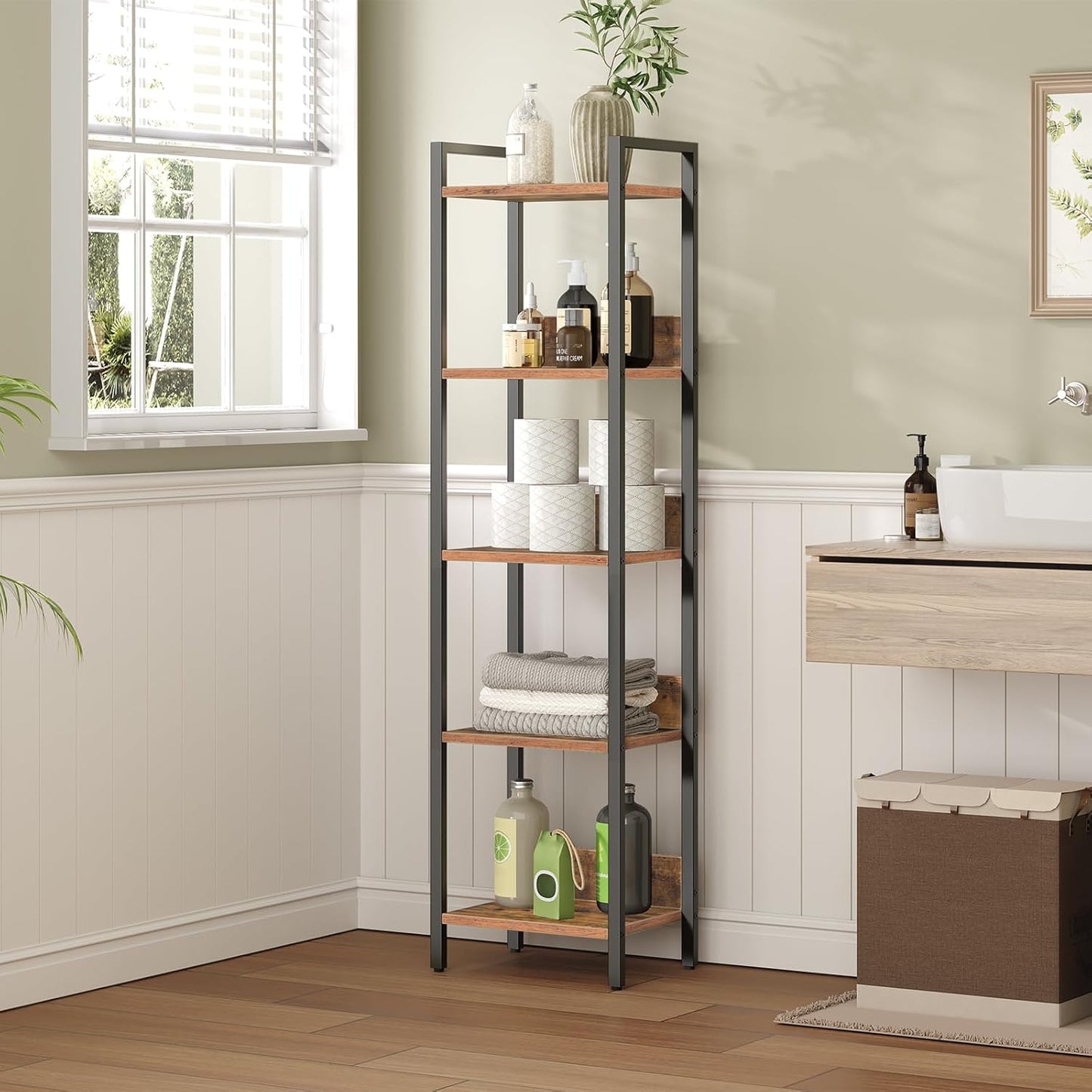 Bookshelf, 5-Tier Bookcase, Standing Book Shelf for Small Space, Storage Shelf Organizer, for Living Room, Bedroom, Study, Balcony, Rustic Brown and Black BKHR5501