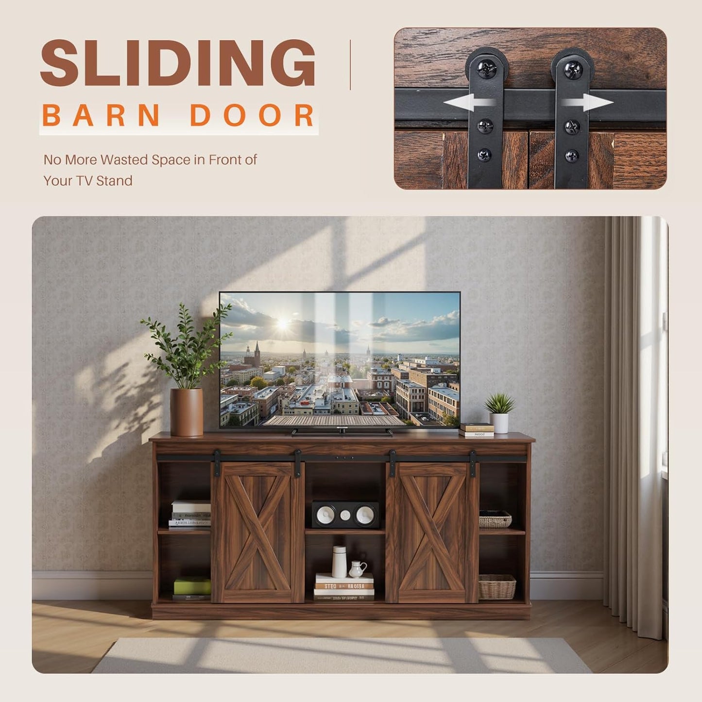 Sweetcrispy TV Stand for Televisions up to 65 Inch Farmhouse Entertainment Center with Storage Cabinets Sliding Barn Doors Modern Living Room Furniture Media Console Table for Bedroom, Brown