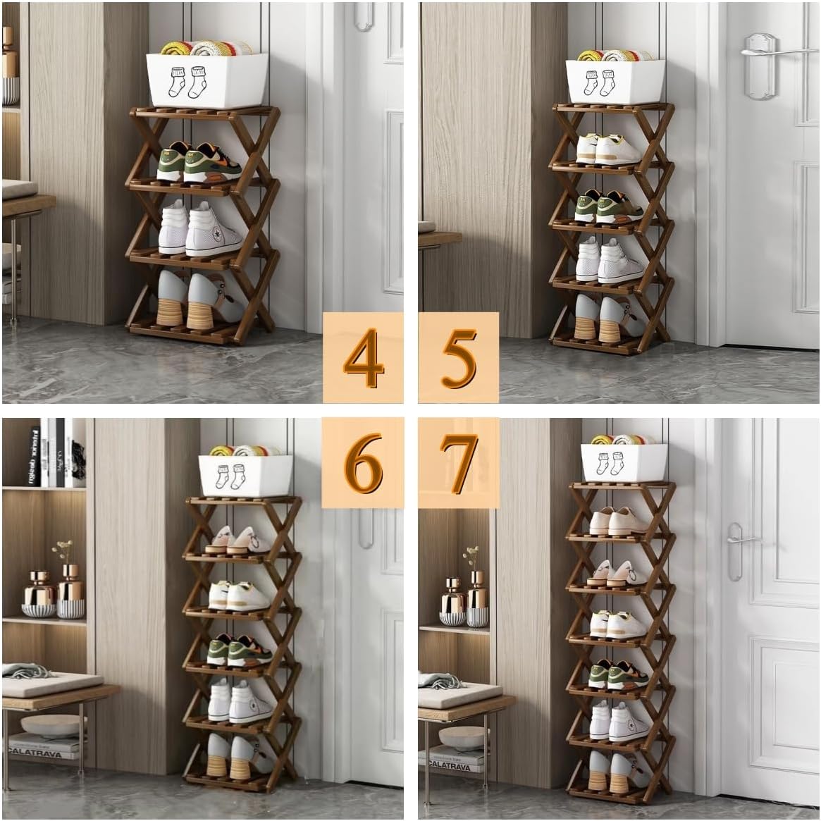 Shoe Rack, Bamboo Foldable Shoes Organizer Free Standing Shelf for Entryway, Closet, Bedroom, Hallway, | Natural | Functional | Multifunctional Shoe Rack (Brown Color) 7 Layers