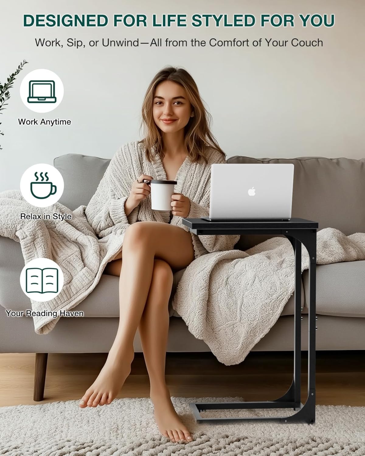 C-Shaped Side Table for Couch - Small Coffee Stand Sofa Tray Desk with Metal Frame and Waterproof Scratch Resistant, Modern End Accent for Living Room, Bedroom, Set of 2, Black