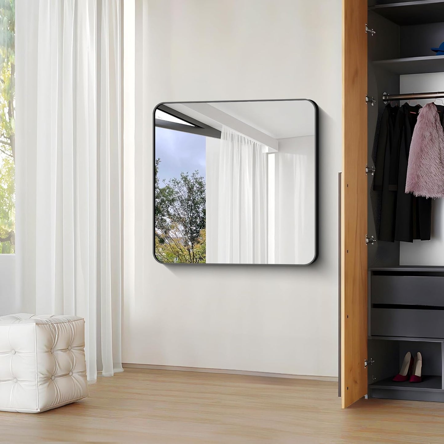 Black Bathroom Mirrors for Wall, 30"x30" Square Mirror, Rounded Corner Metal Frame Wall Mirror, Bathroom Vanity Mirror for Bedroom Living Room Entryway Horizontal Or Vertical Mounting