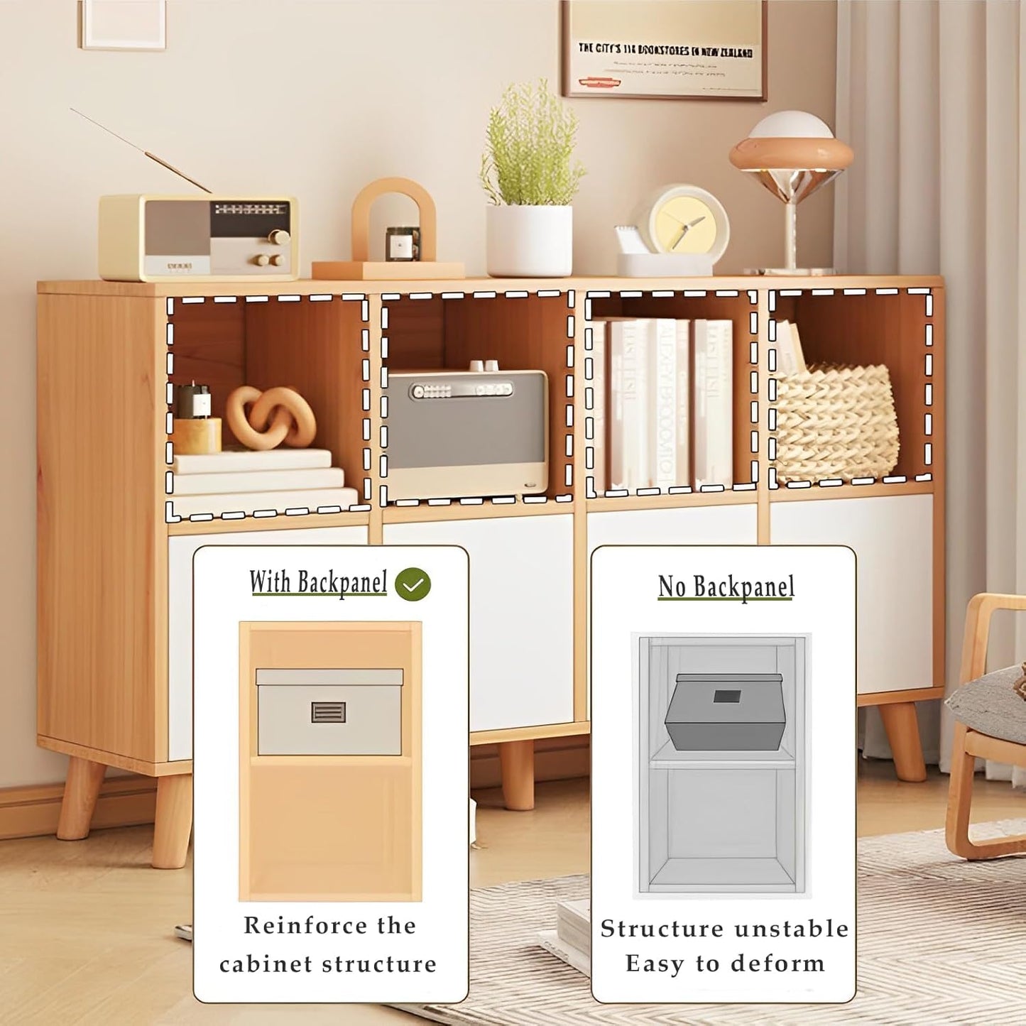 Cubby Shelf Bookcase with Doors - Wooden 8 Cube Floor Standing Open Bookshelf with Solid Wood Legs, 2-Tier Low Storage Cabinet, Oak and Warm White