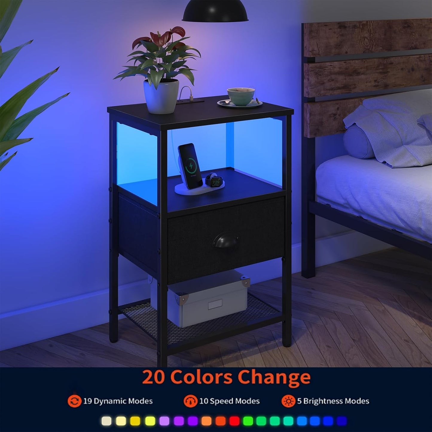 Sthmec Nightstands Set of 2, LED Bedside Tables with Charging Station and Fabric Drawer, Night Stand with Storage, 3 Tier Side Table with Open Shelf, LED Nightstand with Charging Station, Black