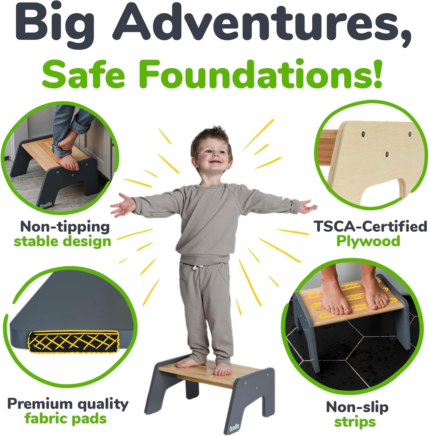 1-Step Wooden Step Stool for Toddlers | Kids Step Stool for Bathroom Sink, Kitchen, and Potty Training | Non-Slip Stool for Toilet Independence | Wooden Step for Children Ages 2+ Gray