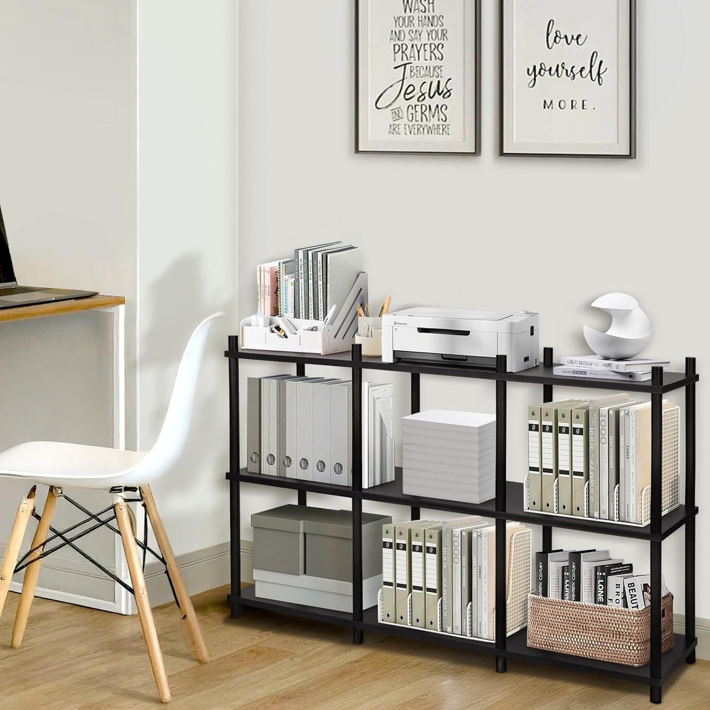 YGYQZ Short Book Shelf - 3 Tier Open Back Long Horizontal Wood Bookcase, 6 Cube Storage Shelf for Office Living Room Bedroom, Modern Black