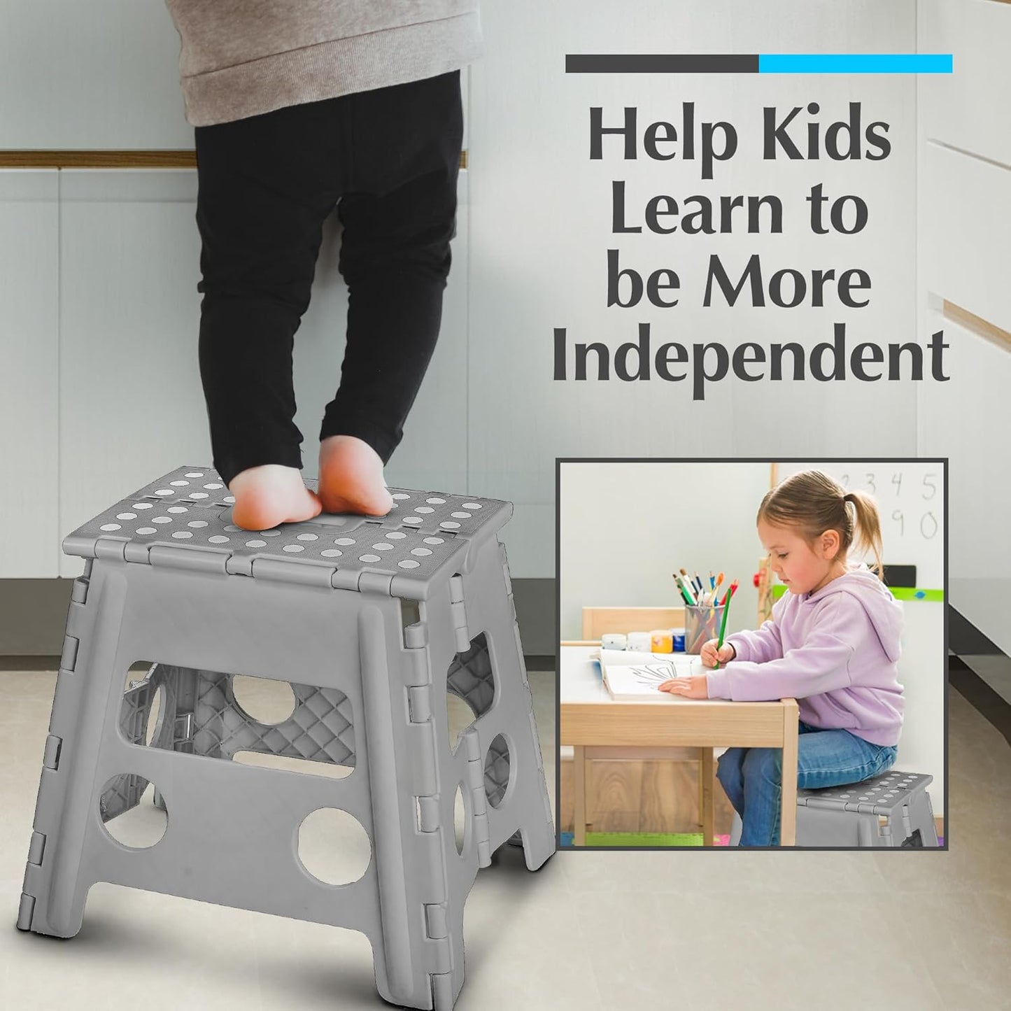 Handy Laundry Folding Lightweight Step Stool - Sturdy Enough to Support Adults and Safe Enough for Kids - Opens Easy with One Flip - Great for Kitchen, Bathroom or Bedroom (Grey - 13 inch)