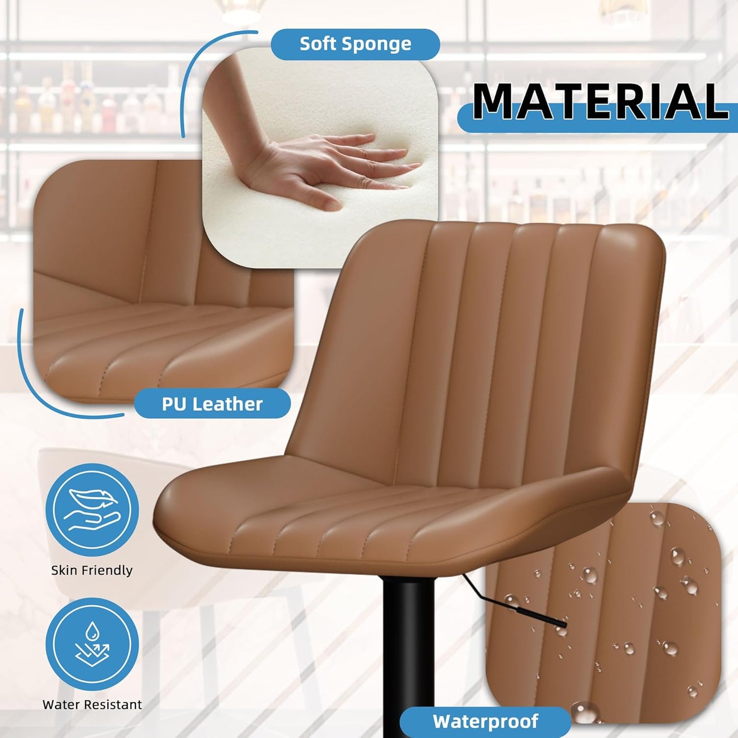 Shintenchi Swivel Bar Stools Set of 4, Adjustable Faux Leather Upholstered Swivel Counter Stools, Armless Bar Height Island Chairs with Back and Footrest, Brown