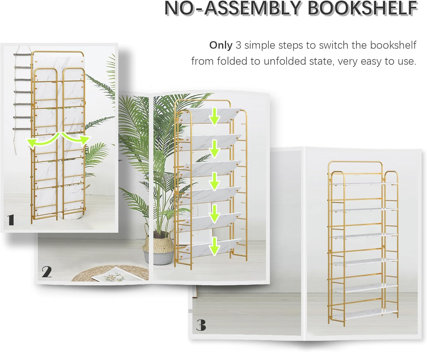 4NM No Assembly Folding Bookshelf 6 Tiers Vintage Industrial Gold Book Shelf Metal Foldable Storage Bookcase and Bookshelves for Living Room,Bedroom and Kitchen - White and Gold