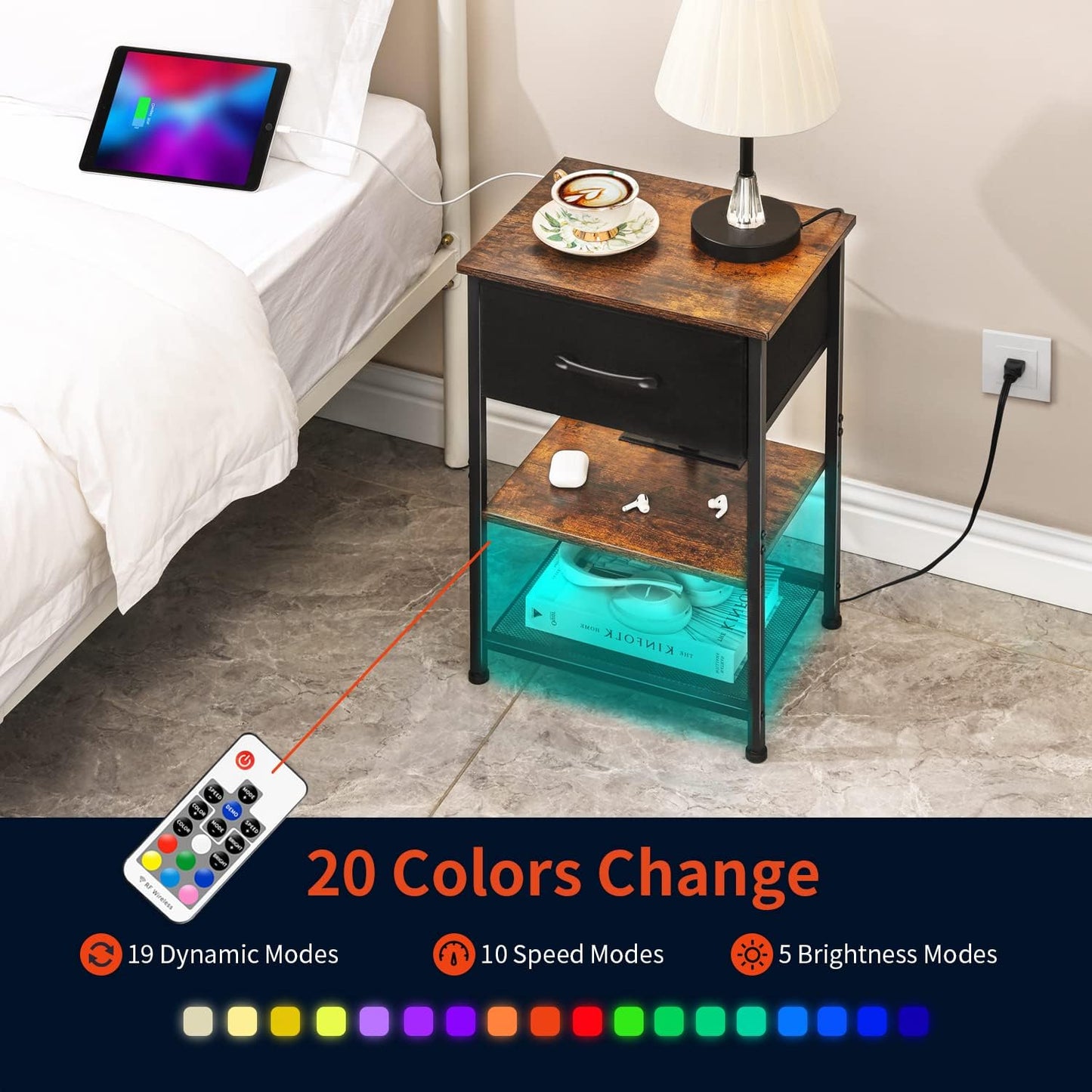 Nightstands Set of 2 with Charging Station and Drawer, End Table Side Table with 20 Colors LED Light Strip and 2 Layers Shelf for Bedroom Living Room Sofa (Rustic Brown)