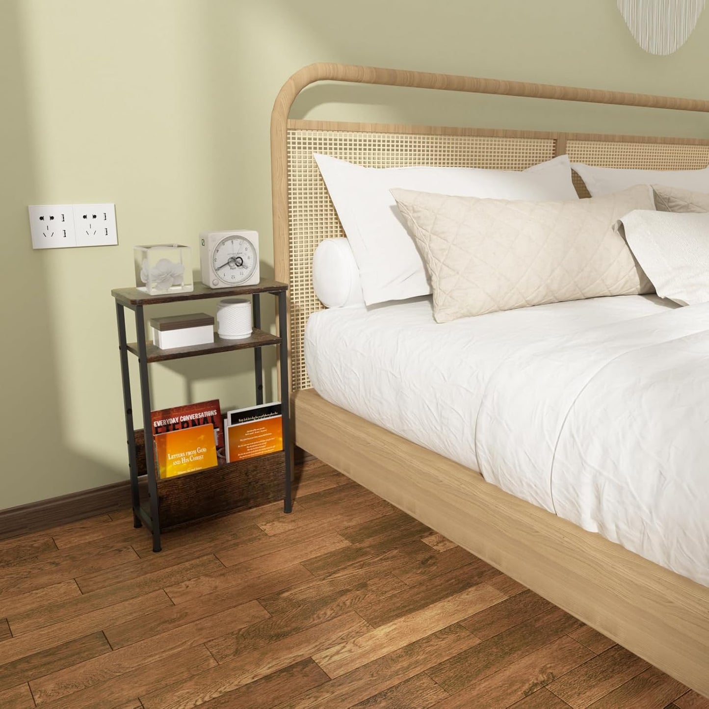 7.1" Narrow Side Table for Small Spaces, 3 Tier Small End Table with Magazine Holder, Slim/Skinny Nightstand/Bedside Table for Living Room, Bedroom, 15.4" L x 24.2" H