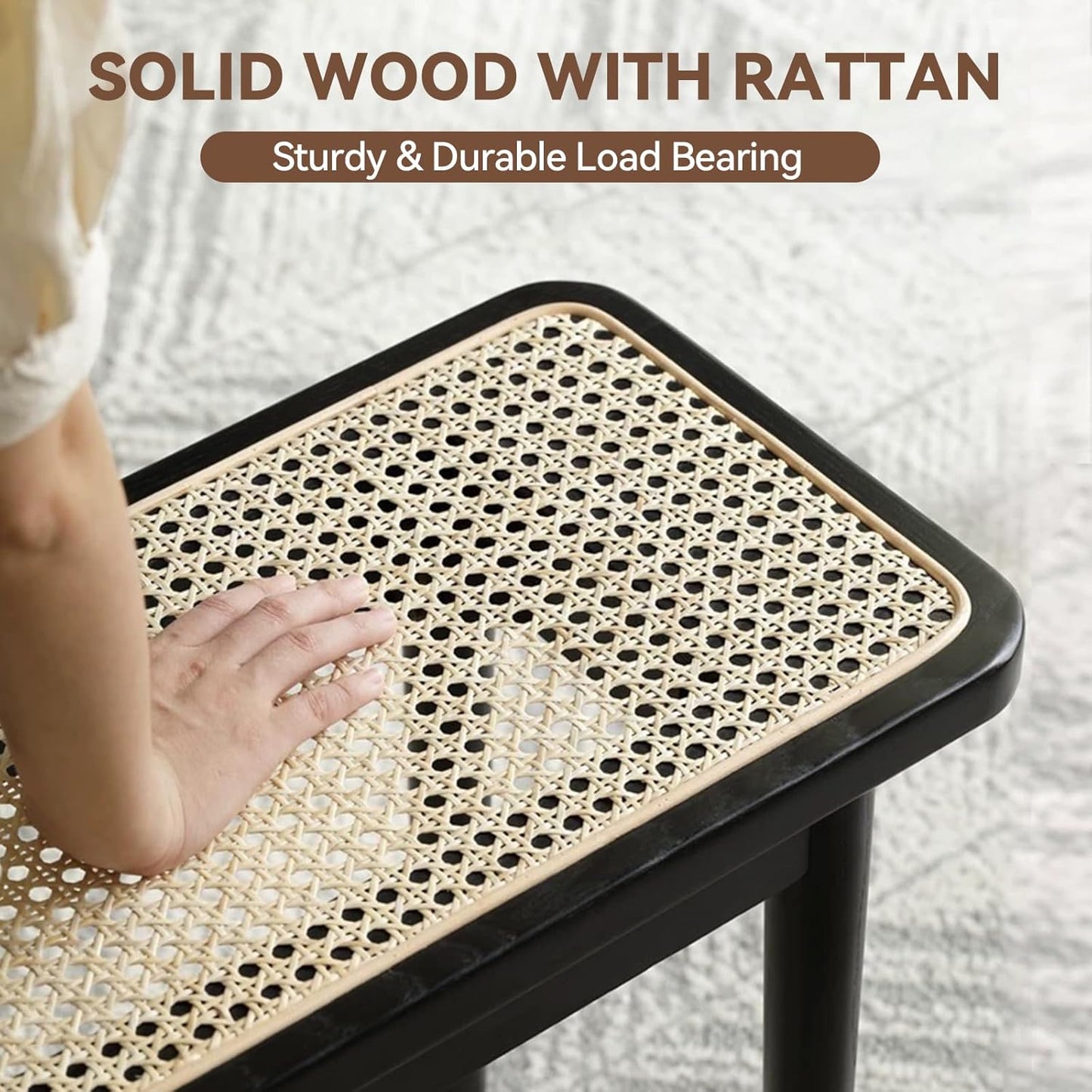 Entryway Bench, Solid Wood Kitchen Dining Bench, Mid Century Modern End of Bed Bench with Rattan Woven Top for Bedroom, Dining Room, Entry Way, 39.4" L x 11.2" W x 17.7" H, Black