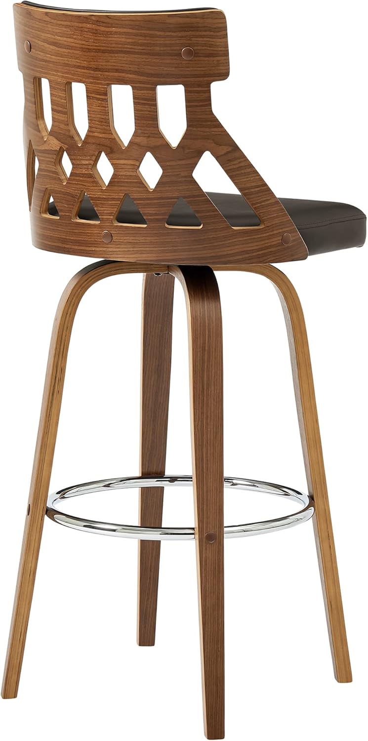 Armen Living Crux Mid Century Modern Swivel Bar Stool for Kitchen Island Counter in Brown Faux Leather and Walnut Wood, 26" Seat Height