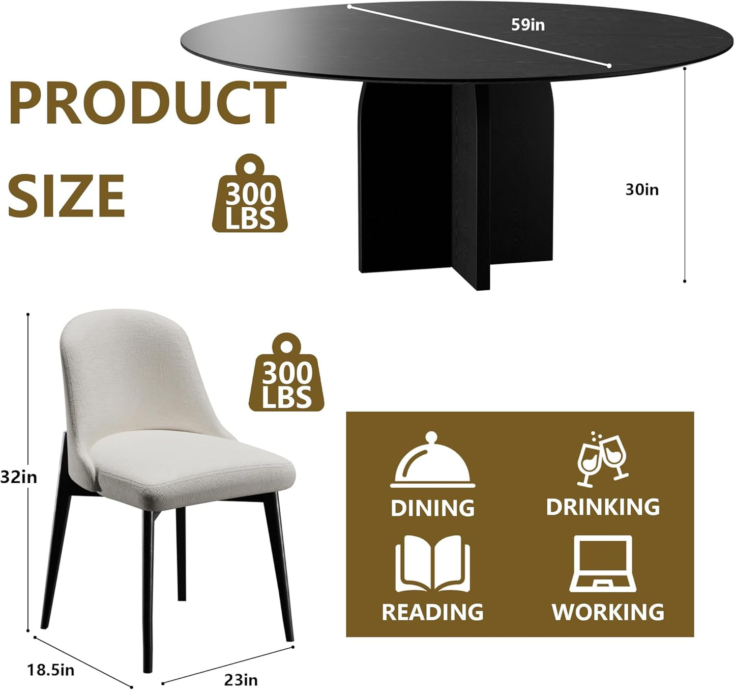 Casaphoria Kitchen Table Set with 4 Chairs, 59" Round Dining Kitchen Table & Chairs Set for 4-6, Wood Modern Dining Table for Living Room, Easy Assembly, Black