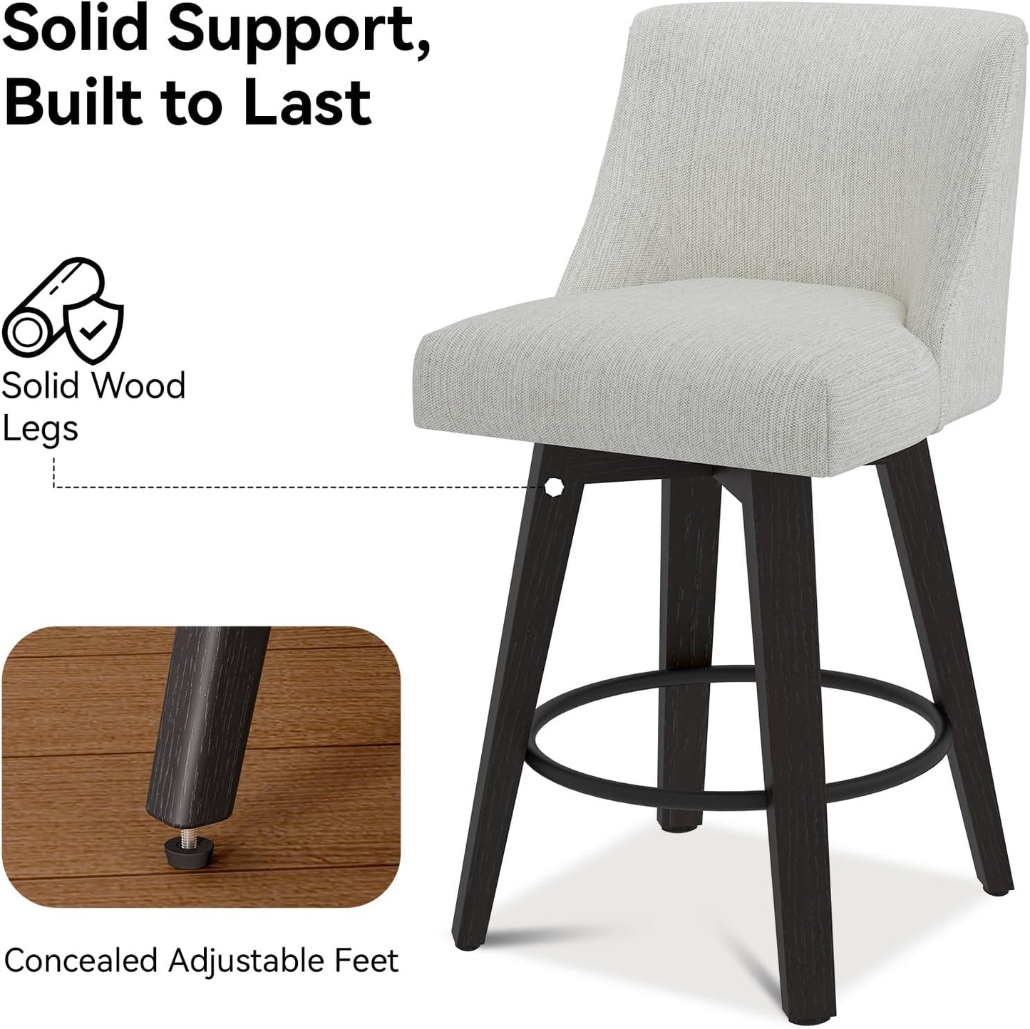 Counter Height Swivel Bar Stools Set of 2, 26 Inch Bar Stools with Footrest, Linen Fabric Upholstered Barstools with Back and Solid Wood Legs for Kitchen Island, Dining Room,Pub,White