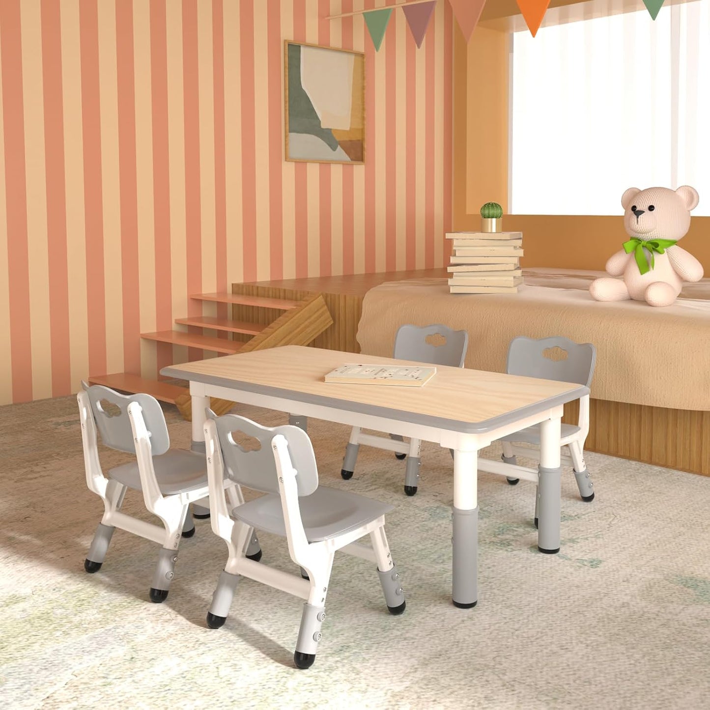 Kids Table and 4 Chairs Set,Height Adjustable Children Table & Chair,Toddlers Study Multi-Activity Table with 47.2"x23.6" Wipe-Clean Desktop,for Classrooms, Homes & Daycares